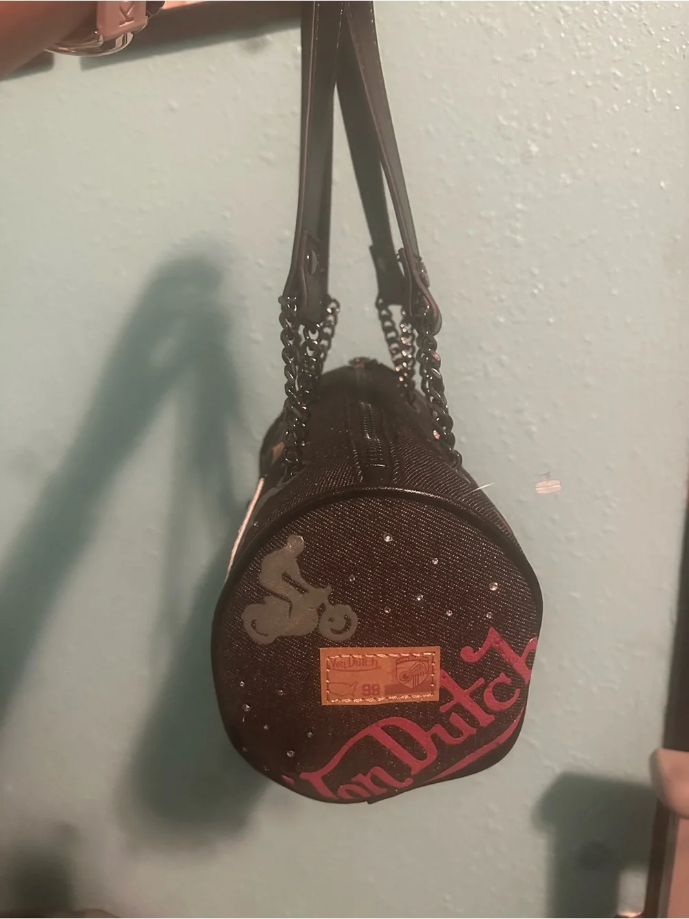 Von Dutch Round Mini Crossbody in Brown with Pink Logo
